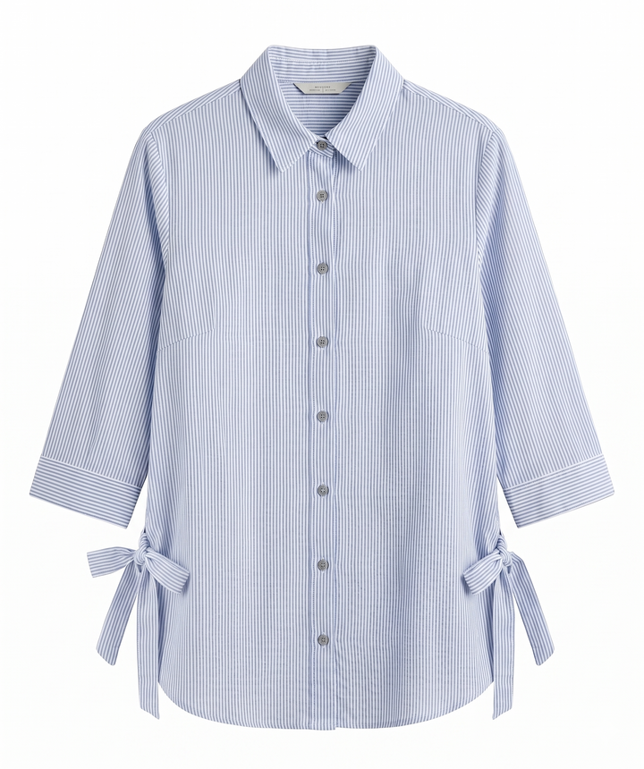 Blue and white striped shirt with tie details on a white background.