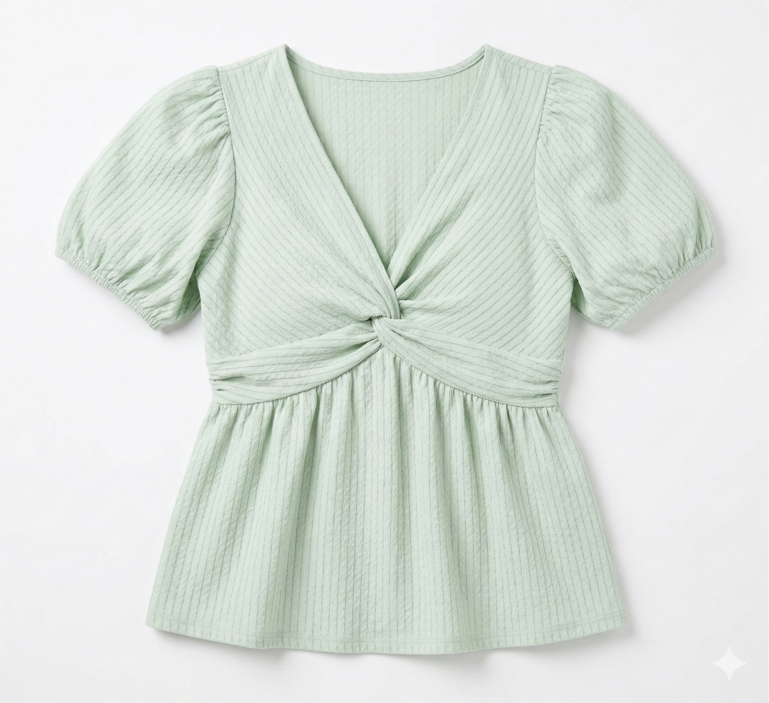 Light green striped top with puff sleeves and knot detail on a white background