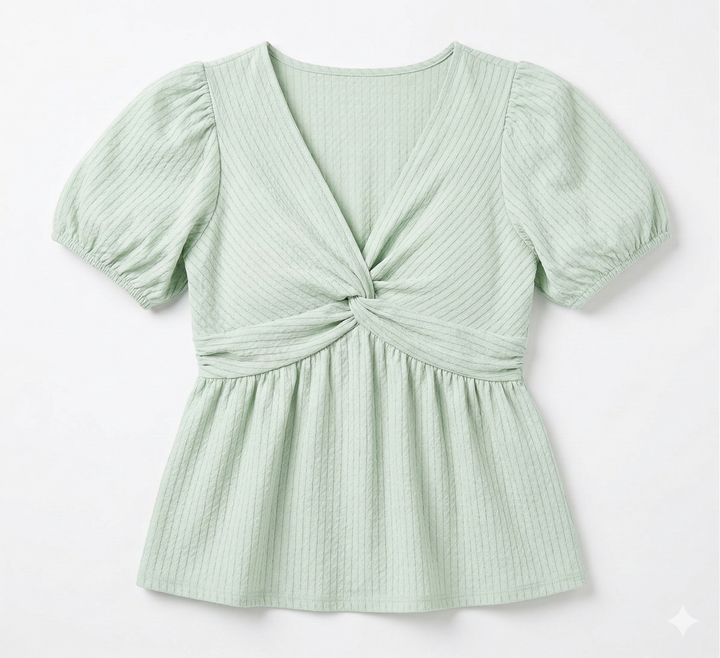 Light green striped top with puff sleeves and knot detail on a white background