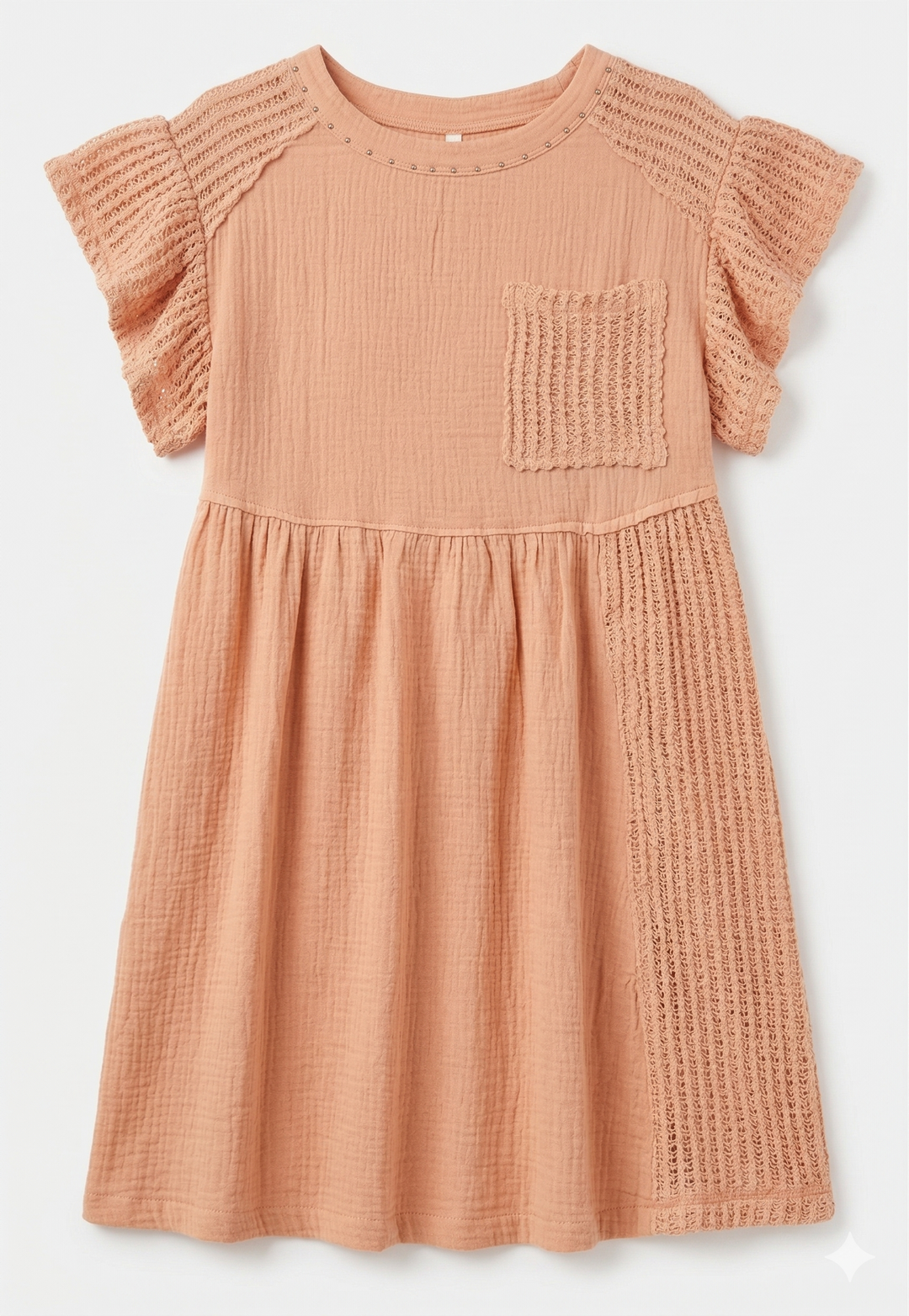 Pink dress with ruffled sleeves on a white background