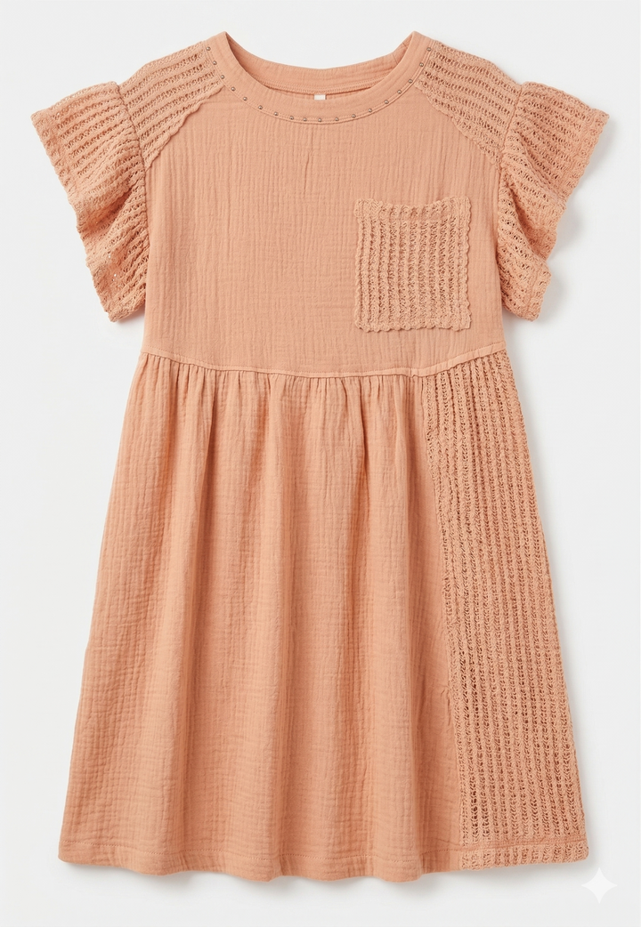 Pink dress with ruffled sleeves on a white background