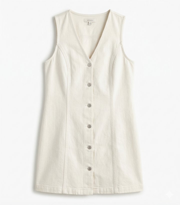 White button-up denim dress on a white background.