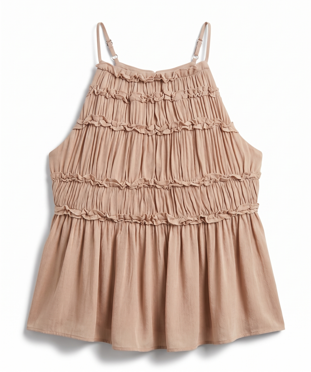 Beige ruffled top on a white background.