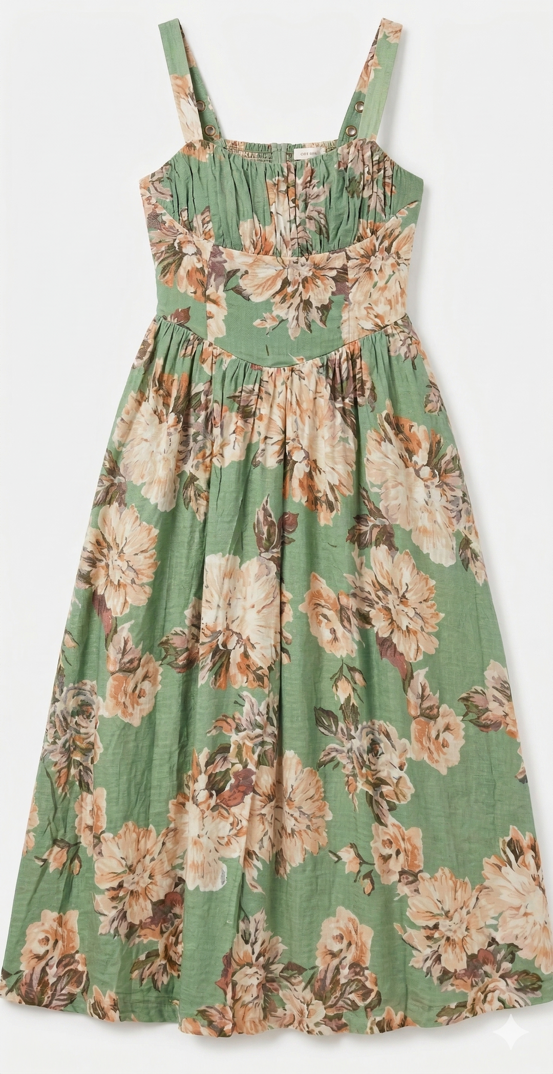  A green floral dress on a white background.