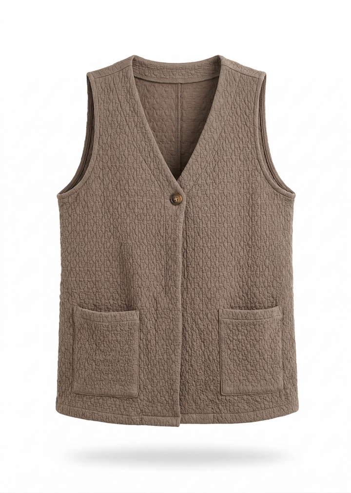 Brown quilted vest with a button on a white background