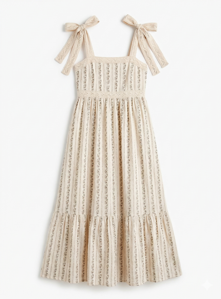 Beige dress with floral designs and bow straps on a white background.