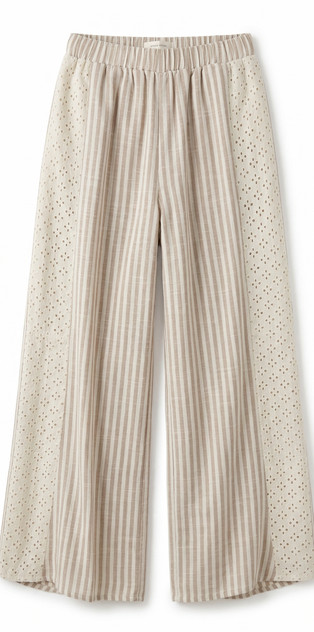 Beige and white striped pants on a white background.