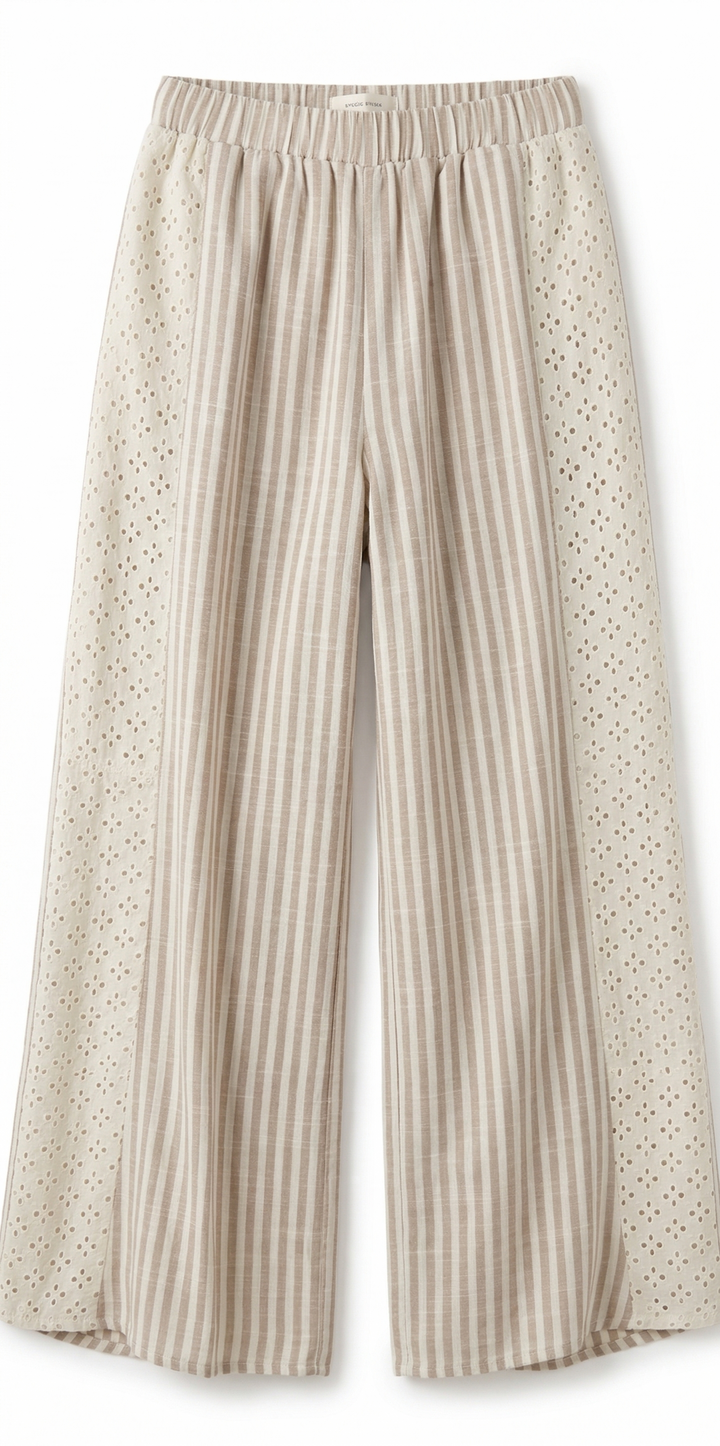 Beige and white striped pants on a white background.
