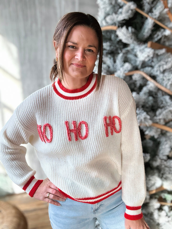 Person wearing a white sweater with 'Ho Ho Ho' in red text, standing in front of a decorated Christmas tree.