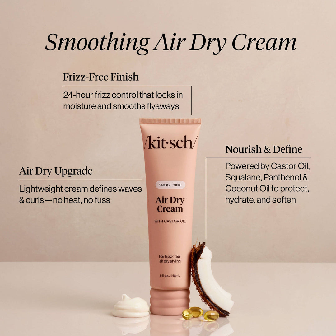 Kit'sch Smoothing Air Dry Cream tube with product details on a beige background