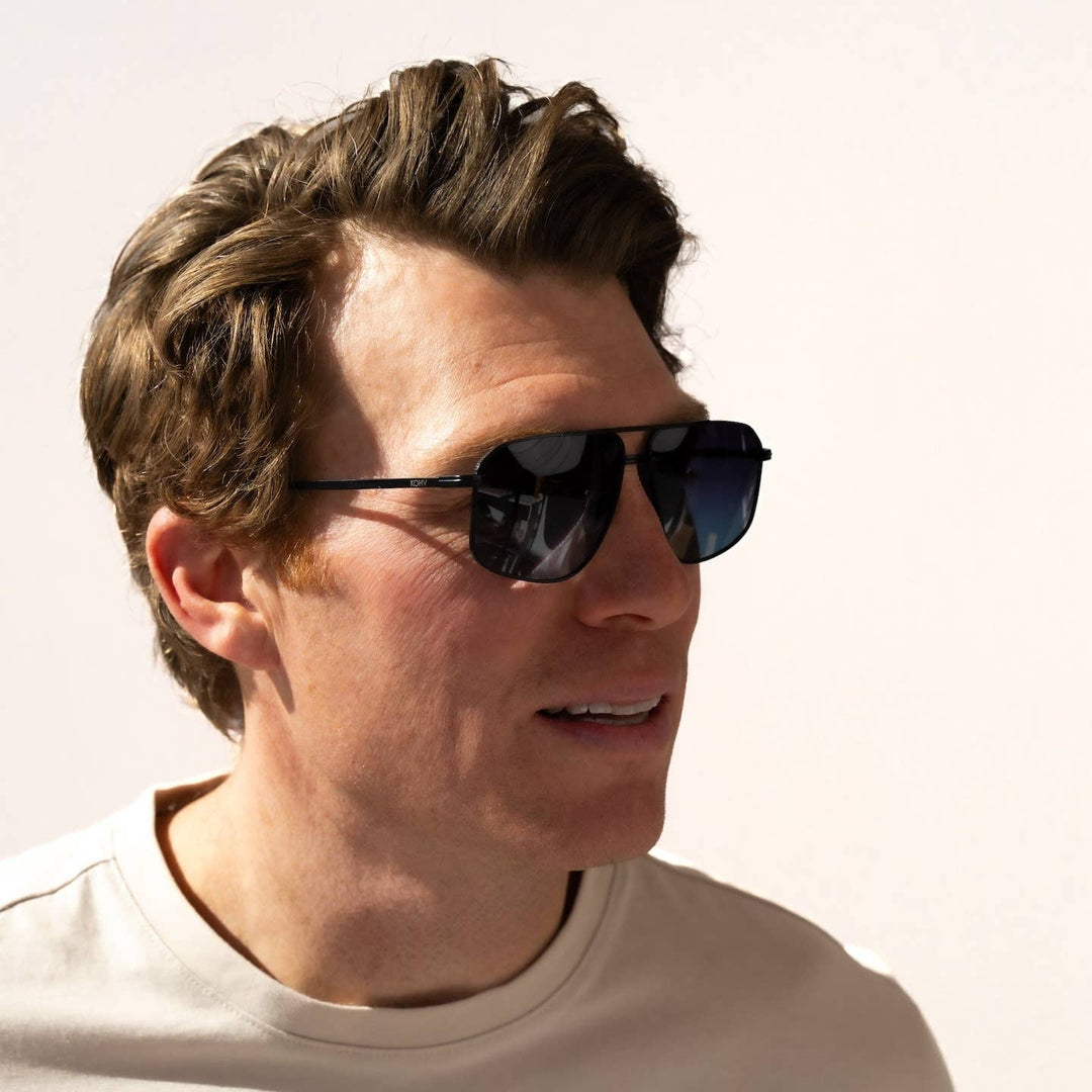 Man wearing sunglasses with a neutral background