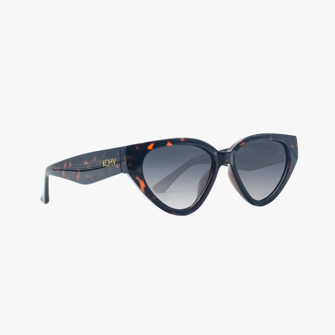 Sunglasses with tortoiseshell frame and gradient lenses on a white background