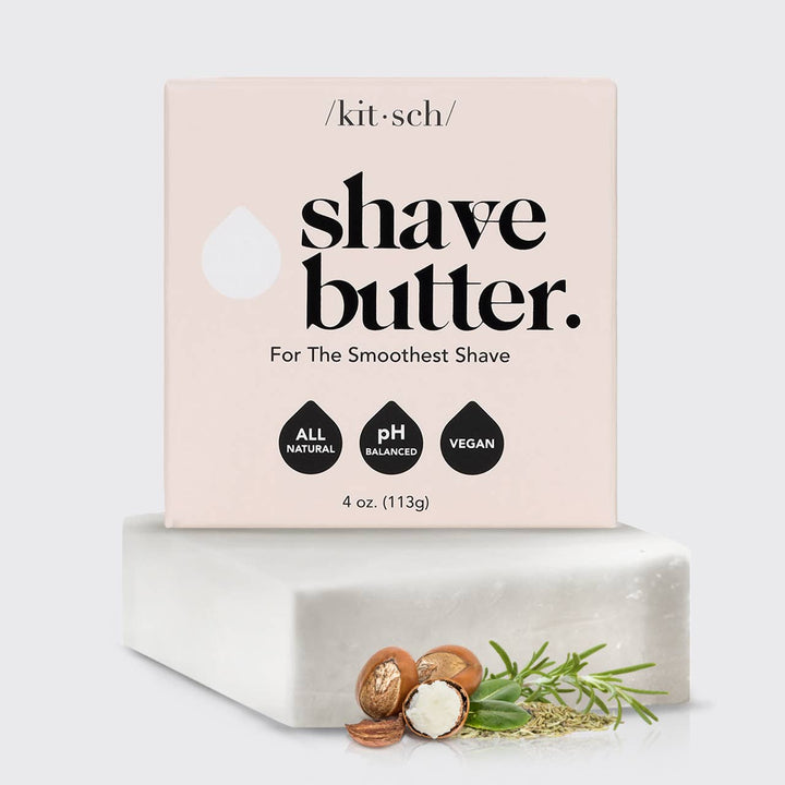 Kit Sch shave butter packaging with a bar of soap and ingredients on a white background