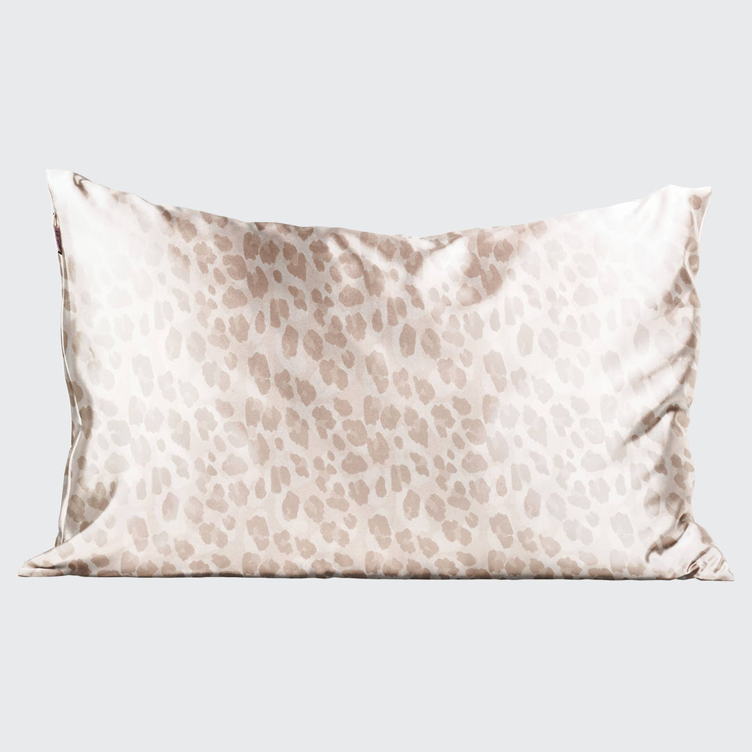 Silk pillowcase with leopard print on a light gray background