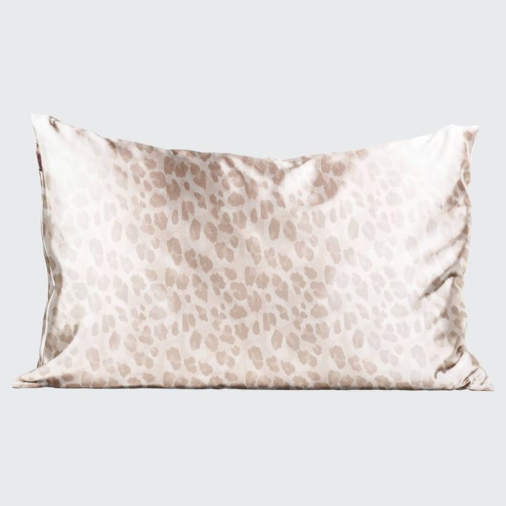 Silk pillowcase with leopard print on a light gray background