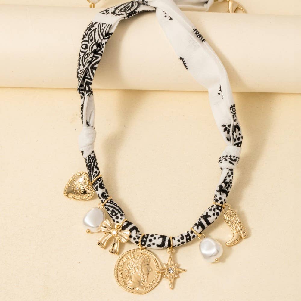 Bow Pearl And Coin Charms Bandana Necklace