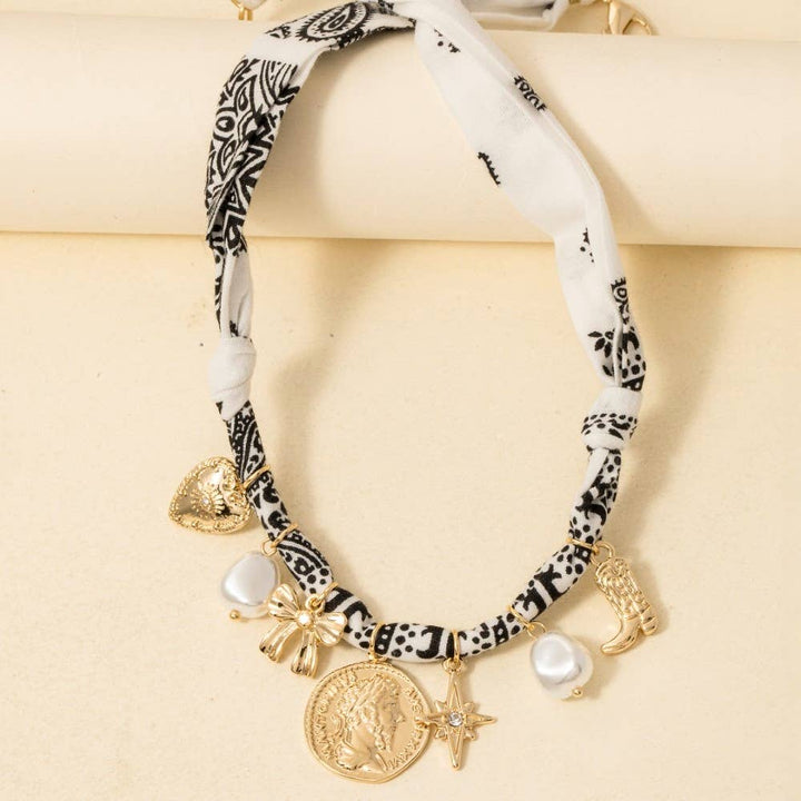 Bow Pearl And Coin Charms Bandana Necklace