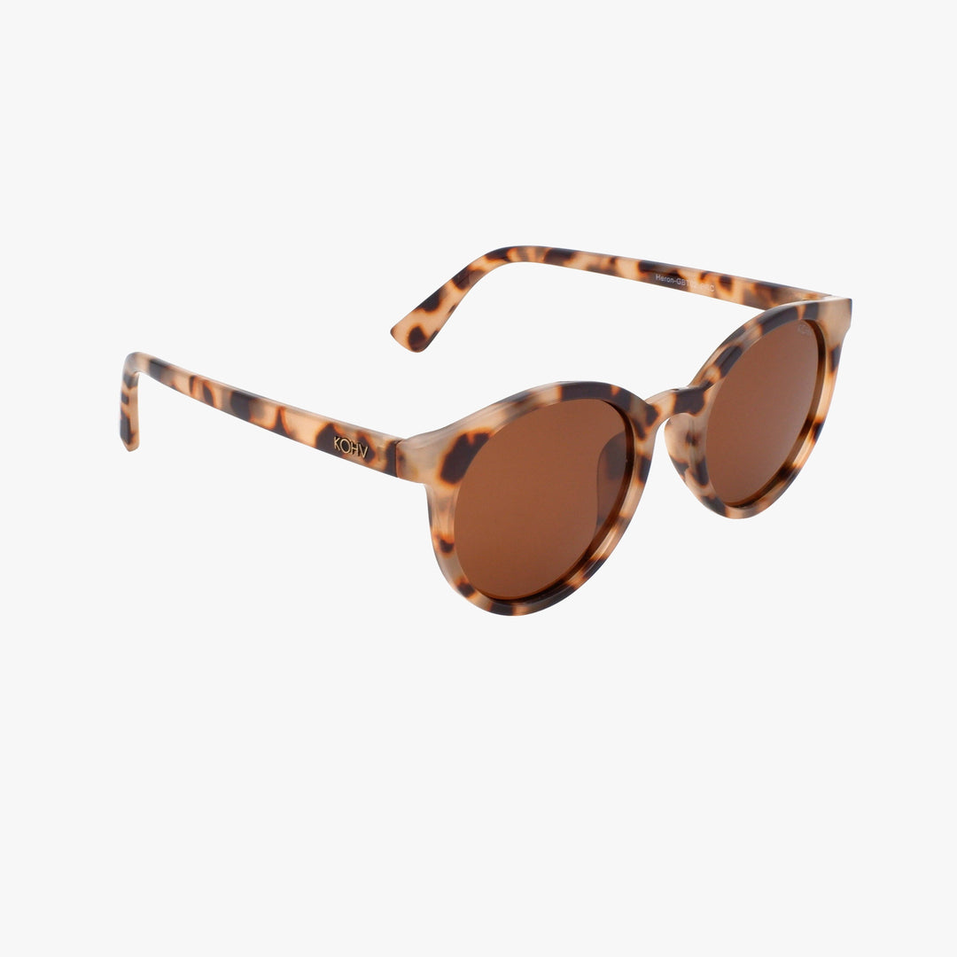 Sunglasses with tortoiseshell frame and brown lenses on a white background