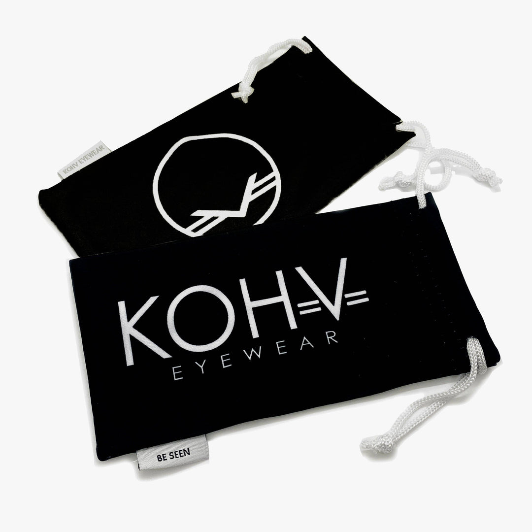 Black drawstring pouch with KOHV Eyewear logo on a white background