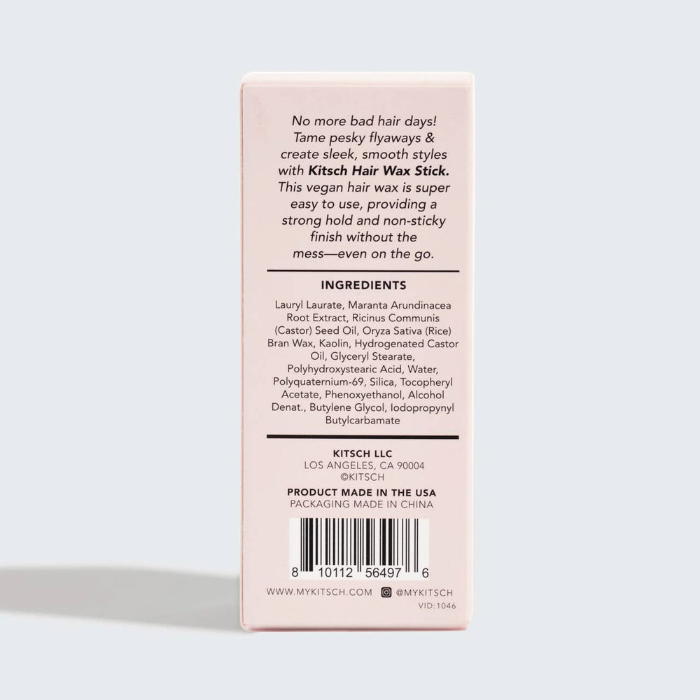 Back of a KITSCH hair wax stick packaging with text and ingredients list on a light gray background