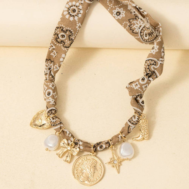 Bow Pearl And Coin Charms Bandana Necklace
