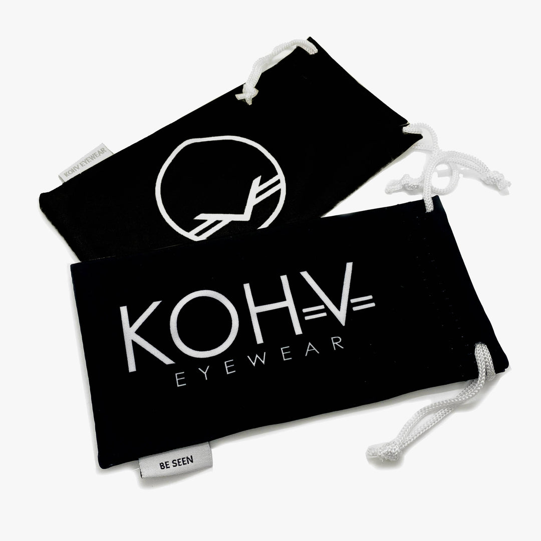 Black drawstring pouch with KOHV Eyewear logo on a white background