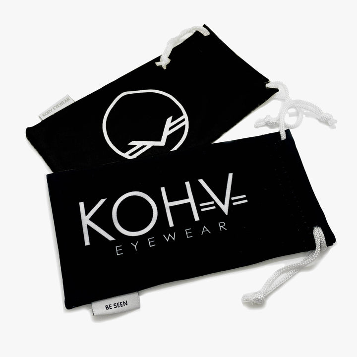Black drawstring pouch with KOHV Eyewear logo on a white background