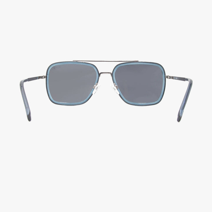 Sunglasses with blue lenses and frames on a white background
