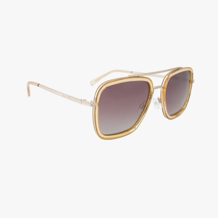 Gold-framed sunglasses with gradient lenses on a white background