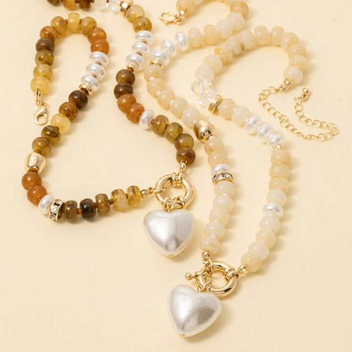 Pearl Heart Pendant Mixed Beaded Necklace