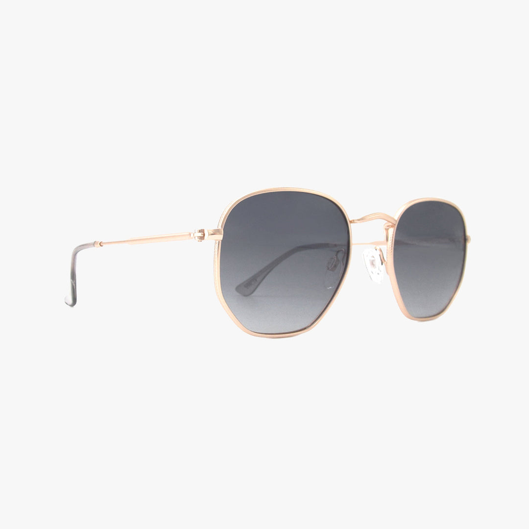 Sunglasses with gold frame and dark lenses on a white background