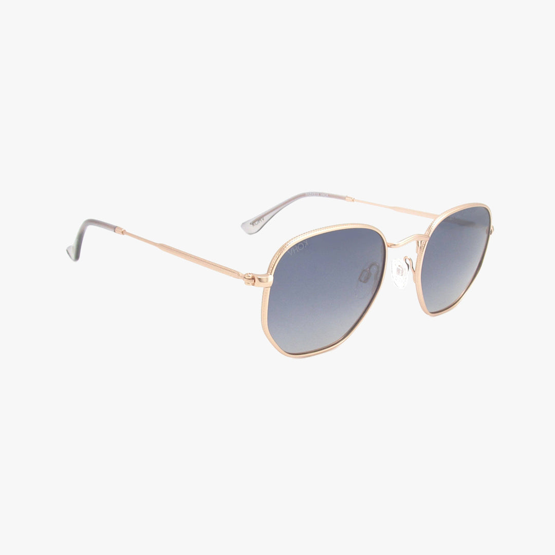 Gold-framed sunglasses with gradient lenses on a white background