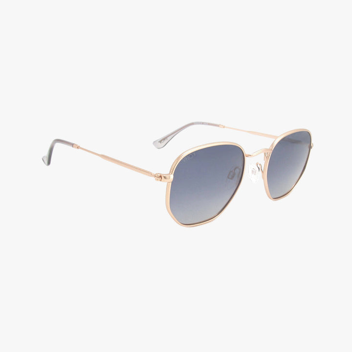 Gold-framed sunglasses with gradient lenses on a white background