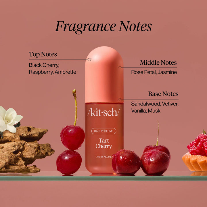 Kit-sch Tart Cherry hair perfume with fragrance notes on a pink background