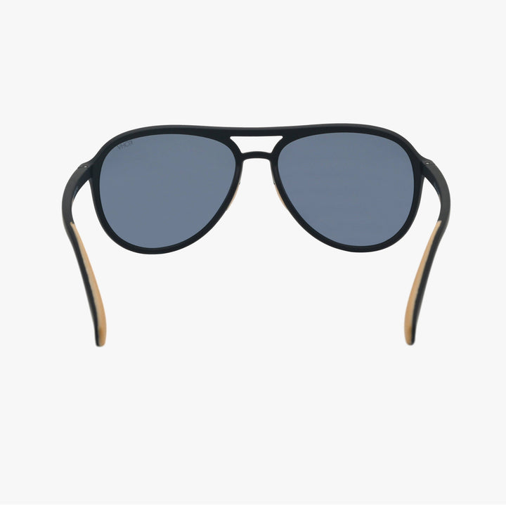 Black sunglasses with wooden accents on a white background