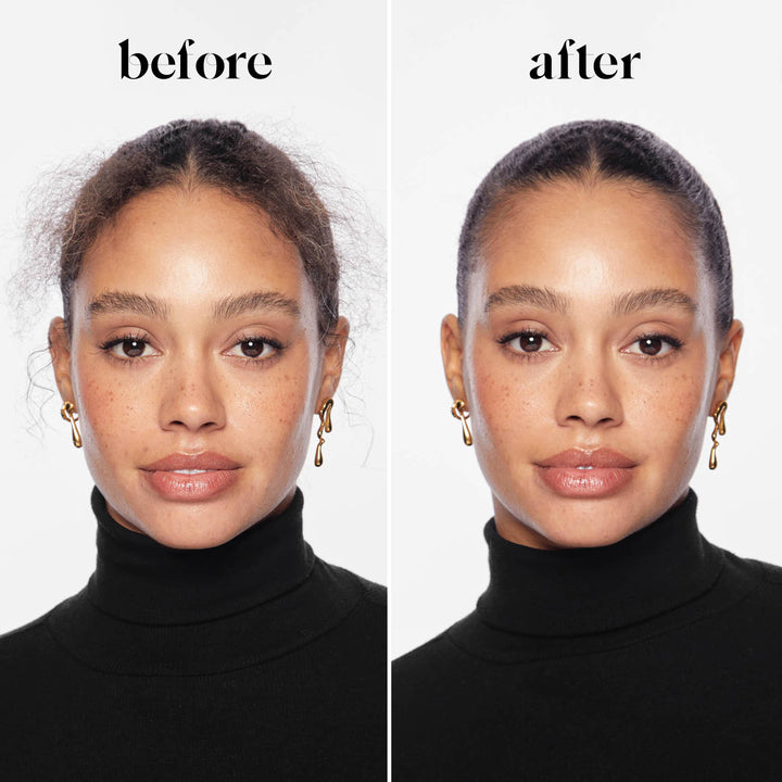 Before and after comparison of a person wearing a black turtleneck against a white background.