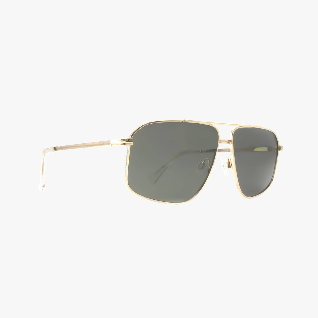 Gold-framed sunglasses with dark lenses on a white background