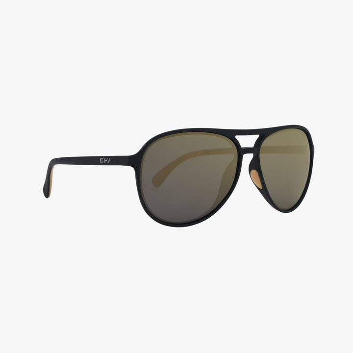 Black sunglasses with gold lenses on a white background