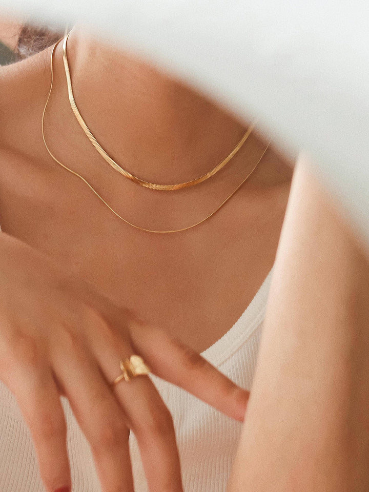 Jean 18K Gold Non-Tarnish Layered Flat Snake Chain Necklace