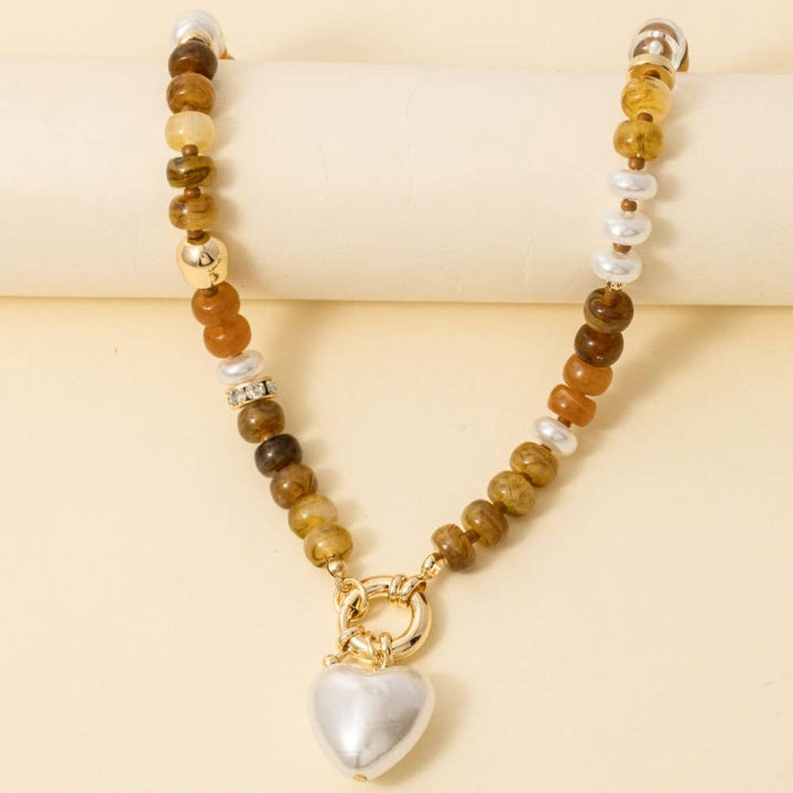 Pearl Heart Pendant Mixed Beaded Necklace